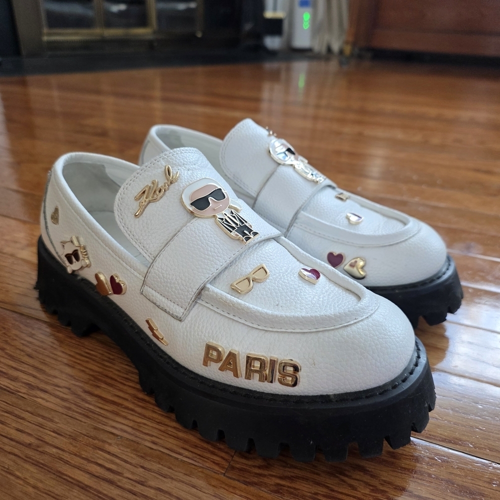 Karl Lagerfeld White Loafers with Gold and Black Details